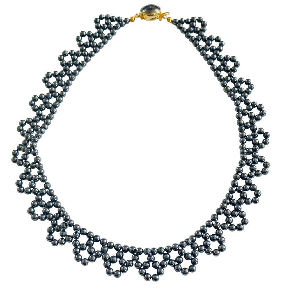 VTG Hematite Necklace Collar Scalloped Stone Quilted Beaded Collar 90s 18"L